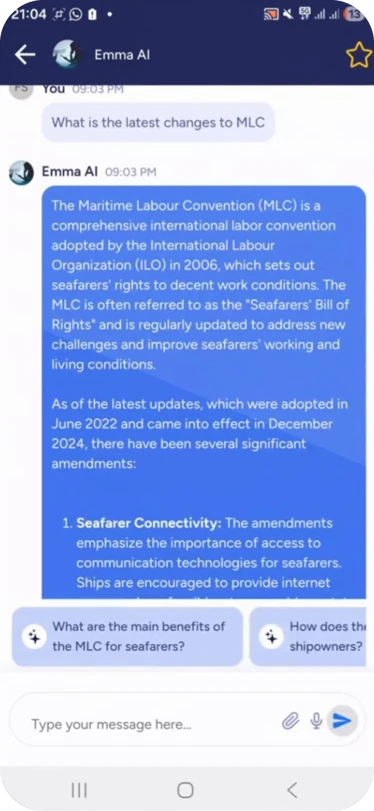 Emma AI answering a question about the latest changes to the Maritime Labour Convention, with suggested follow-up questions below.