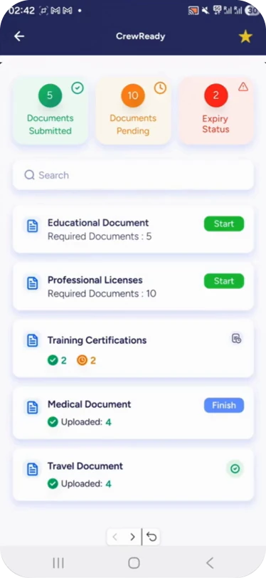 The CrewReady microapp: 5 documents submitted, 10 pending and 2 expiring, with educational, licence, training, medical and travel documents listed.