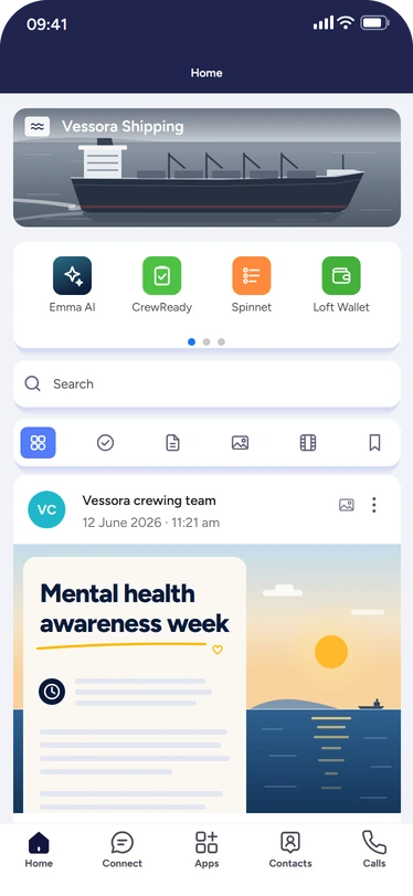 The superapp home screen for Vessora Shipping: a noticeboard banner with a ship at sea, a row of microapps for Emma AI, CrewReady, Spinnet and Loft Wallet, a search bar and the first post in the feed.