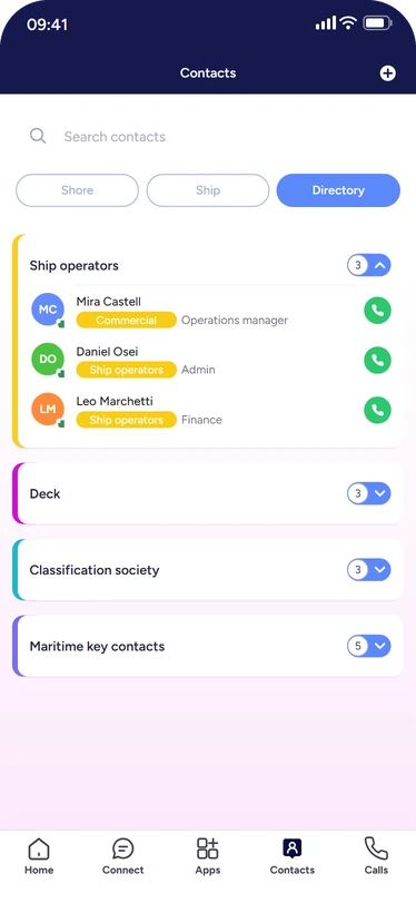 The contacts directory with the Directory tab open and the ship operators group expanded, showing three contacts with their tag, role and a call button, above three collapsed groups.