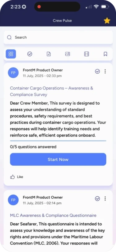 A Crew Pulse campaign timeline with two survey posts, the first showing 0 of 5 questions answered and a Start Now button.