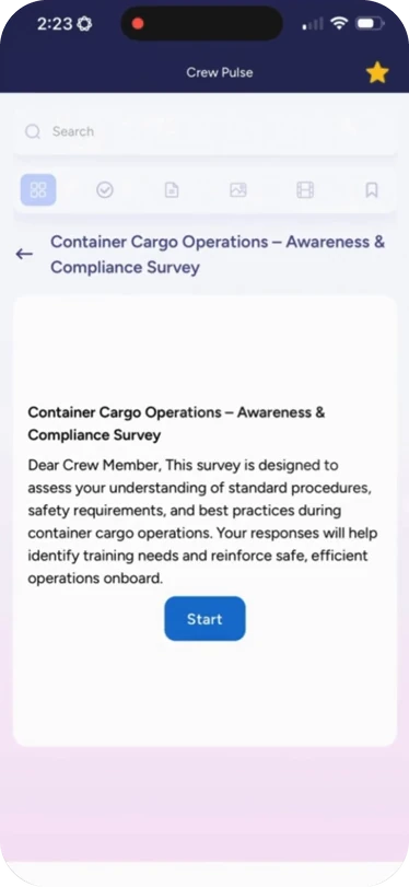 A compliance survey on container cargo operations, with a short brief and a Start button.