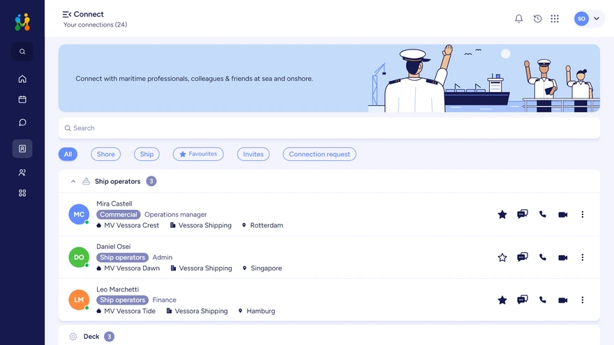 The Connect contact list, with a banner of crew waving across a bulk carrier, a search bar, filter chips and the ship operators group open to show three connections with their vessel, company and city.