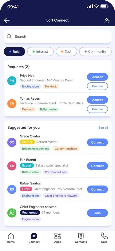 Loft Connect with connection requests from Priya Nair and Tomas Reyes and suggestions for Grace Okafor, Elin Brandt, Rafael Santos and the Chief Engineers network, each showing why they match by role, interest, task or community.
