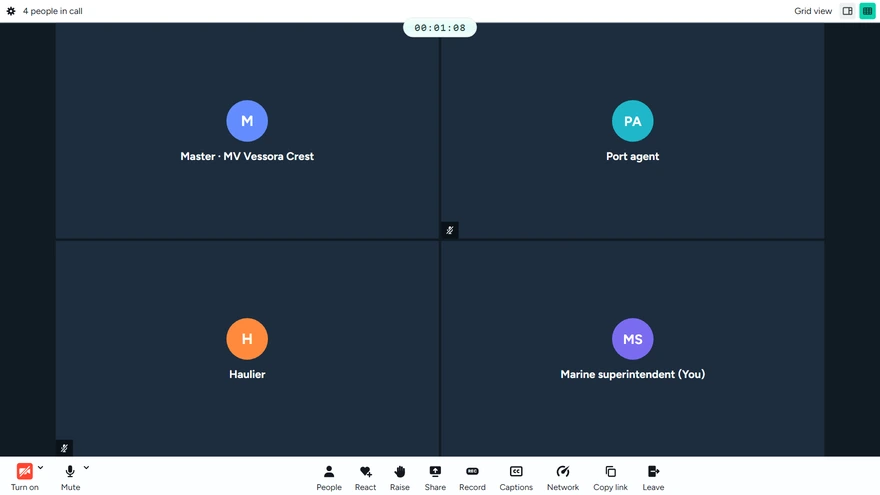 A web video meeting in grid view with four tiles: the Master of MV Vessora Crest, the port agent, the haulier and the marine superintendent, with the port agent and the haulier muted.