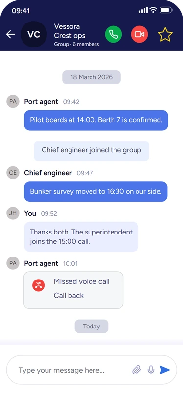 The Vessora Crest ops group chat, with messages from the port agent and the chief engineer, a reply from you and a missed voice call card.