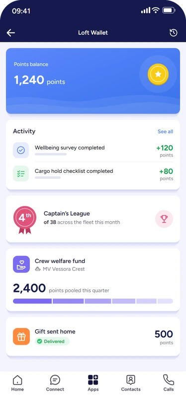 Loft Wallet with a balance of 1,240 points earned from a wellbeing survey and a completed cargo hold checklist, 4th of 38 in Captain’s League across the fleet this month, a crew welfare fund for MV Vessora Crest and a gift sent home.