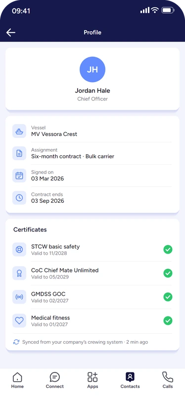 A contacts-directory crew profile for Jordan Hale, Chief Officer on MV Vessora Crest, with the assignment and contract dates, four certificates each marked valid and a note that the details sync from the company crewing system.
