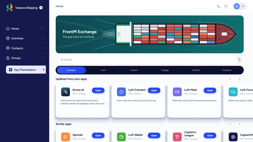 The FrontM Exchange app marketplace for Vessora Shipping, with the Connect category open, app cards for Emma AI, Loft Connect, Loft Meet and Loft Forums, and similar apps below.