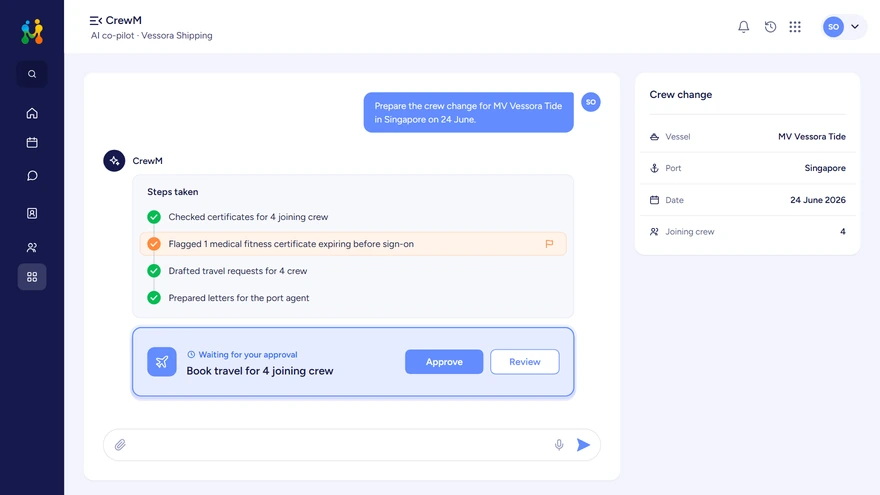 CrewM, the AI co-pilot, preparing the crew change for MV Vessora Tide in Singapore on 24 June: four steps taken, one action waiting for approval to book travel for four joining crew, and a summary of the crew change.
