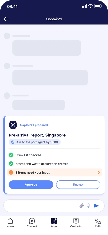 CaptainM has prepared the pre-arrival report for Singapore, due to the port agent by 16:00: the crew list is checked, the stores and waste declaration is drafted and 2 items need input, with Approve and Review buttons.