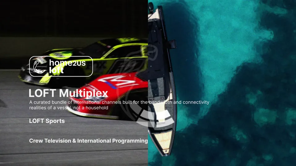 Home2US partner film, still: the LOFT Multiplex title over racing cars and a boat seen from above